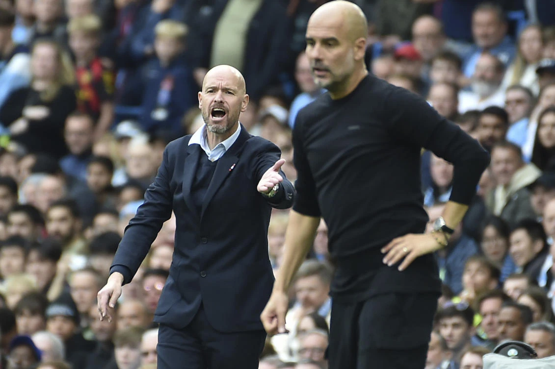 Manchester United’s head coach Erik ten Hag shouts during their English Premier League match against Manchester City at Etihad stadium in Manchester, on Sunday. (AP)