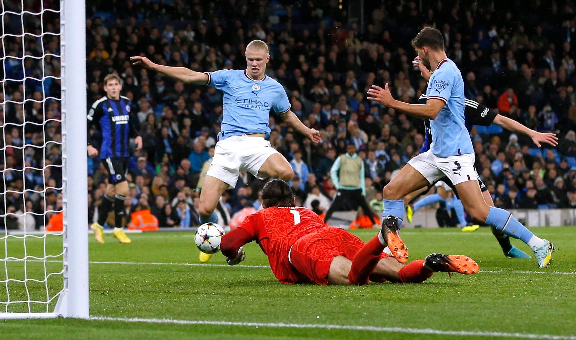 Manchester City's Erling Braut Haaland scores their second goal in the 5-0 rout of FC Copenhagen during the sides' Champions League Group G match at Etihad Stadium on Wednesday. (Reuters)