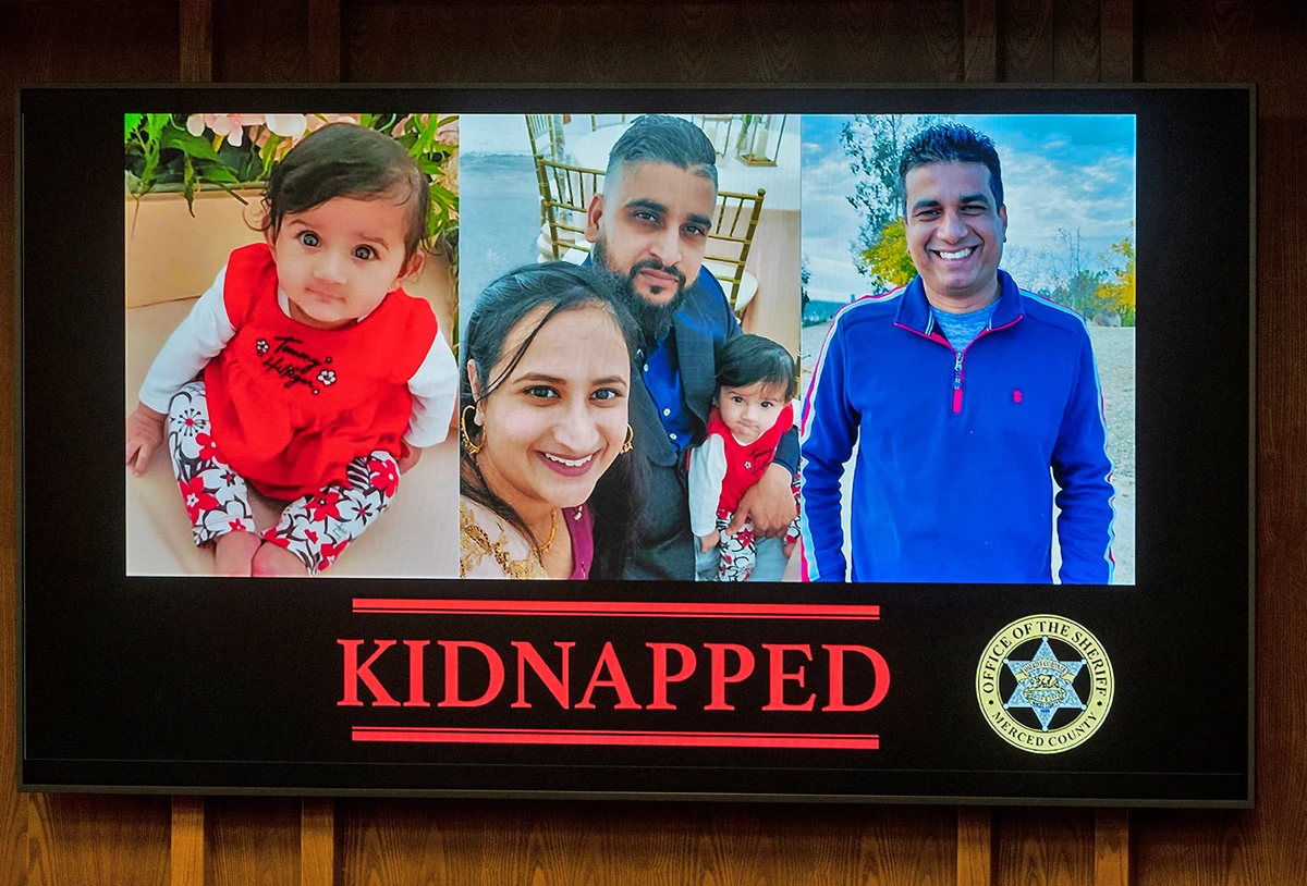 Images are displayed of 8-month-old Aroohi Dheri, left, with her mother Jasleen Kaur, her father Jasdeep Singh, and her uncle Amandeep Singh, at a news conference in Merced, California, on October 5, 2022. (The Merced Sun-Star via AP)