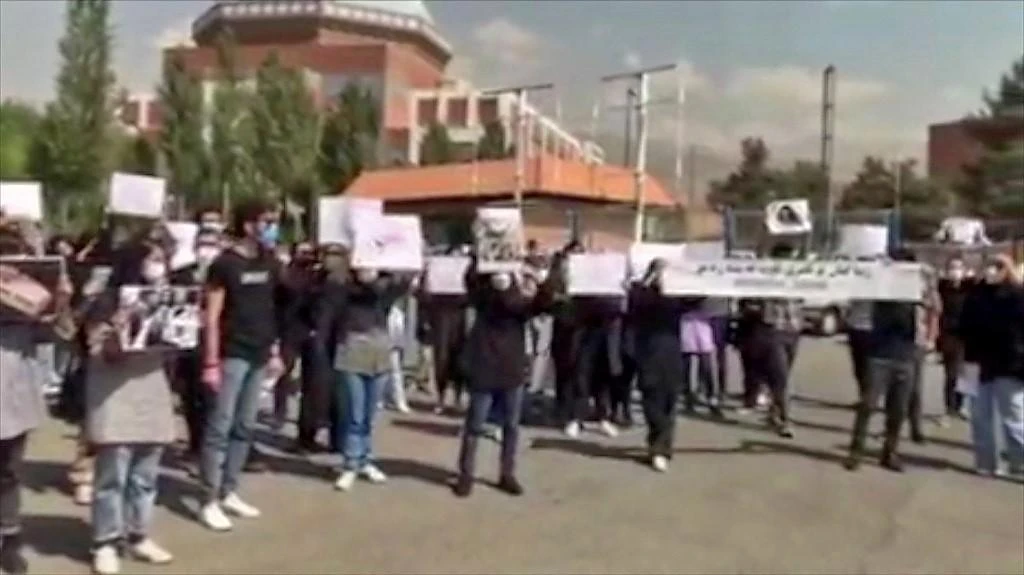 Iran has been roiled by weeks of protests over the death of 22-year-old Mahsa Amini. Above, a video grab of Allameh Tabataba’i University students during a mass action. (UGC/AFP)