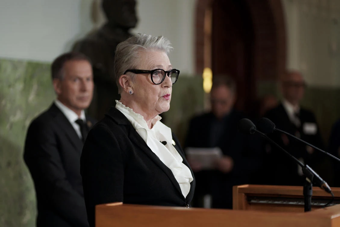 Berit Reiss-Andersen, head of the Nobel Committee, announces the winner of this year's Peace Prize at the Nobel Institute in Oslo, Norway, Friday, Oct. 7, 2022. (AP)