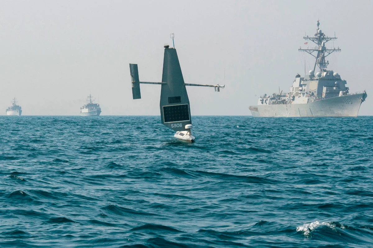 A US Navy Saildrone Explorer unmanned sea drone, shown in this photo taken in the Gulf of Aqaba on Feb. 9, 2022, was similar to that the Iranian navy seized in the Arabian Gulf. (AP)