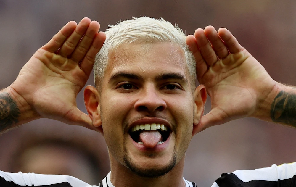 Newcastle United's Bruno Guimaraes celebrates scoring their third goal against Brentford. (Action Images/Reuters)