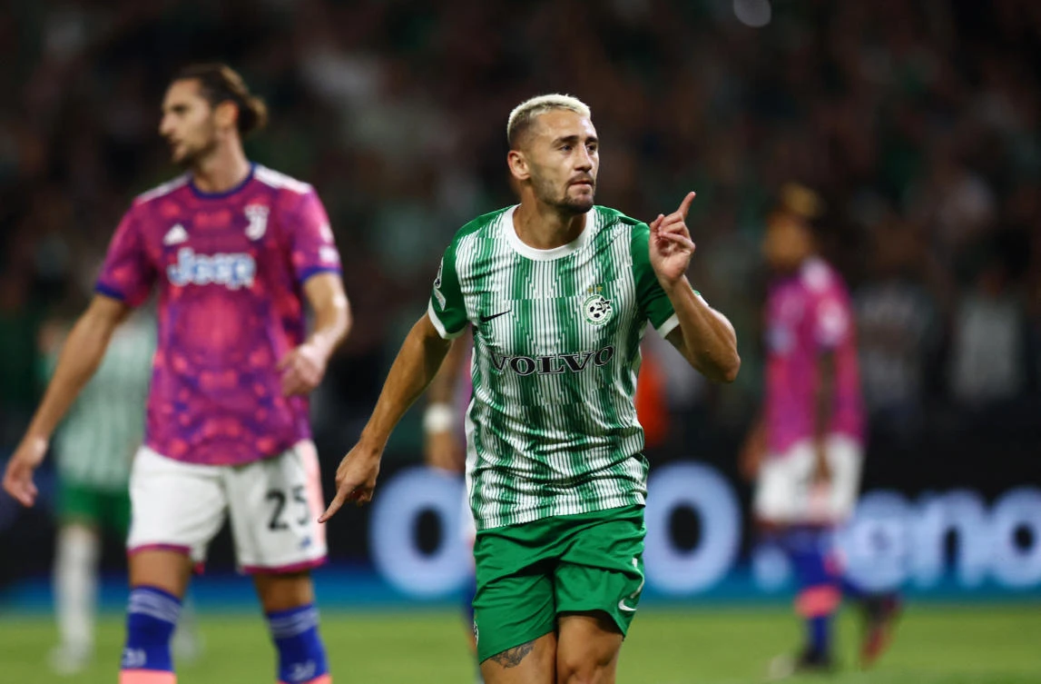 Maccabi Haifa’s Omer Atzili celebrates scoring their first goal during their Champions League match against Juventus at Sammy Ofer Stadium, Haifa on Tuesday. (Reuters)