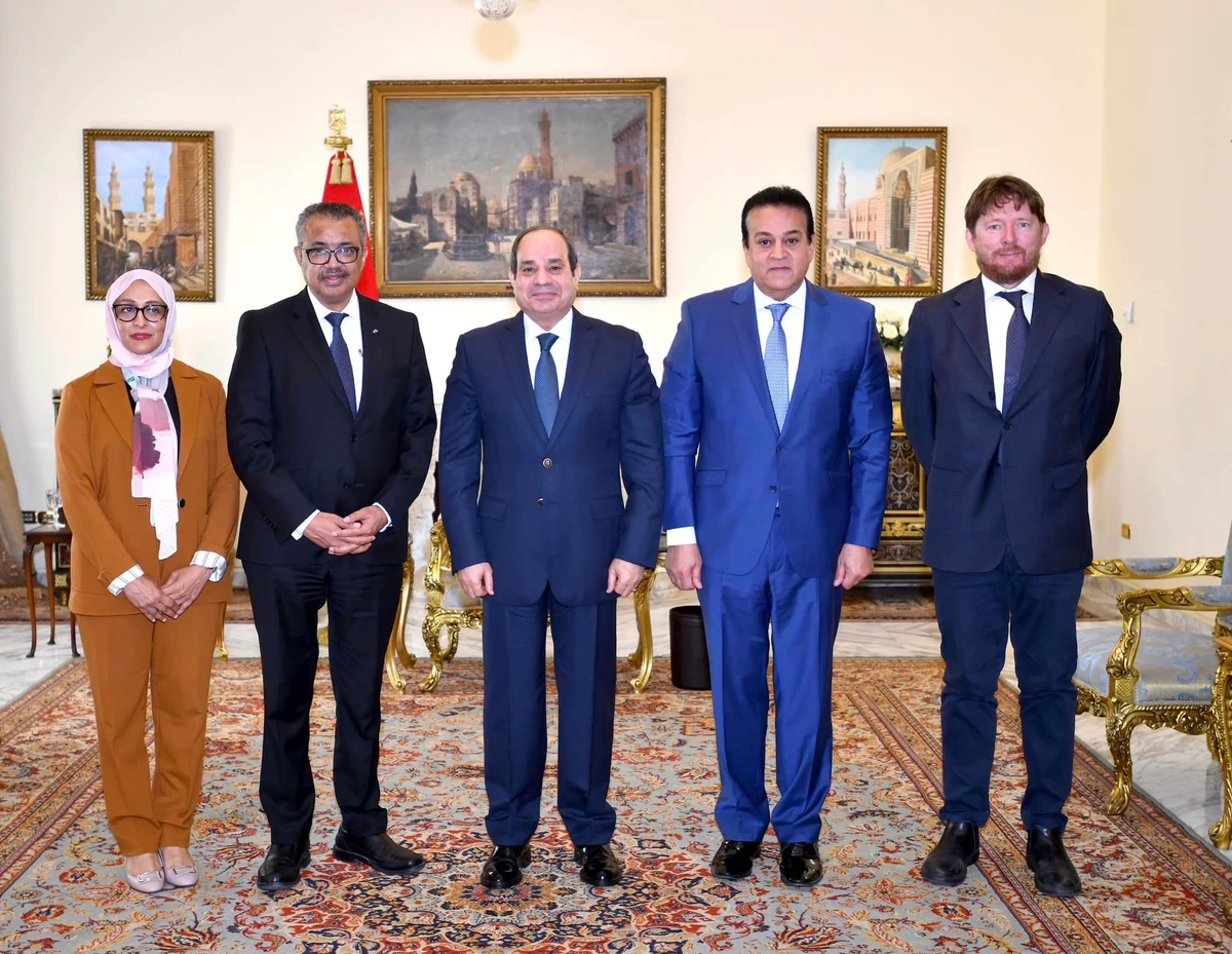 Egyptian President Abdel Fattah El-Sisi and Health Minister Khaled Abdel Ghaffar during meeting with WHO Chief Tedros Adhanom Ghebreyesus in Cairo. (Facebook: Spokesman of the Egyptian Presidency)