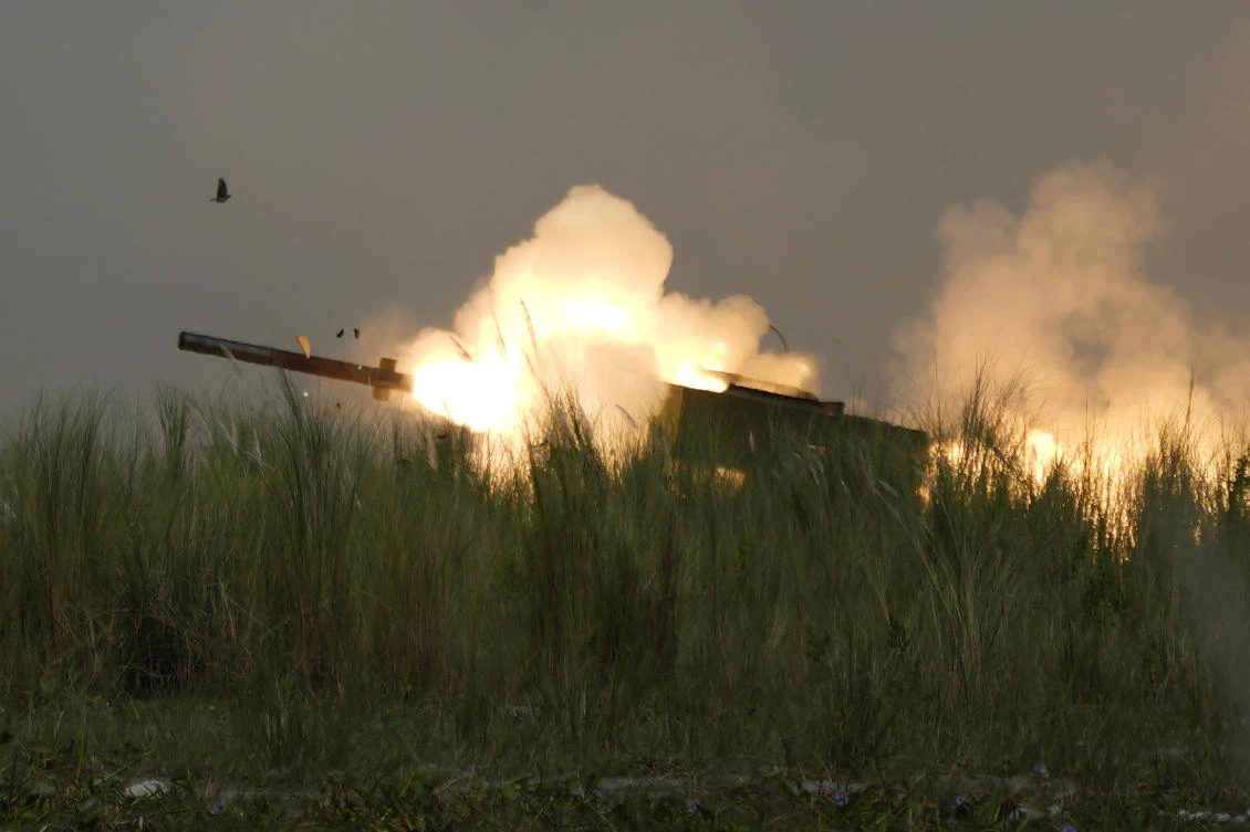 America’s High-Mobility Artillery Rocket System or HIMARS rocket launchers, above, and F-35B supersonic fighter jets were showcased in the military exercises. (AP)