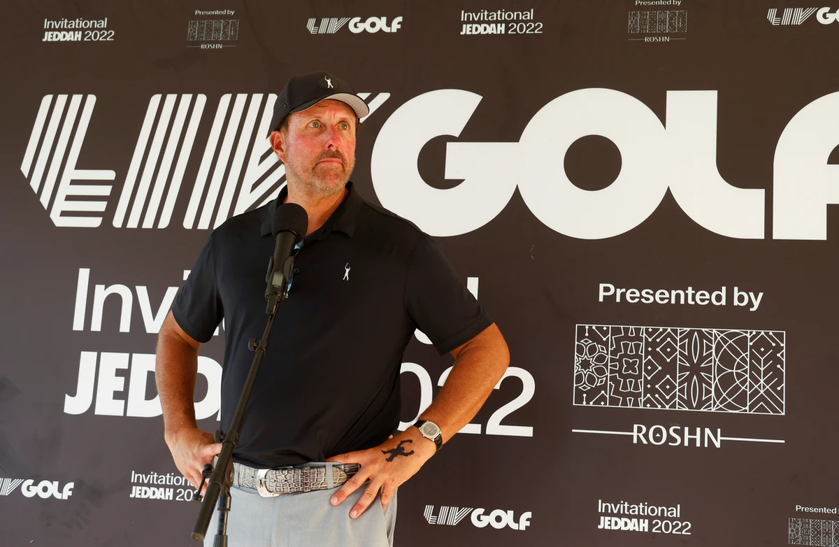 Phil Mickelson speaking on the eve of the LIV Golf Invitational Jeddah. (LIV Golf)