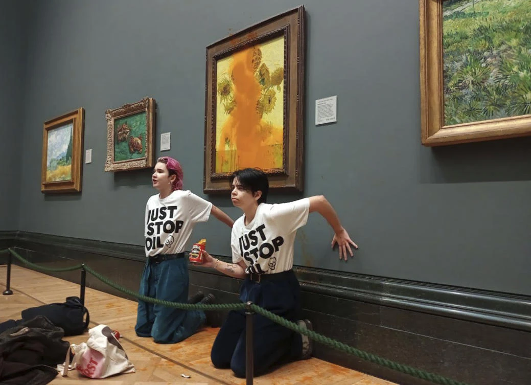 UK police charge two women after soup thrown at van Gogh’s ‘Sunflowers’. (AP)