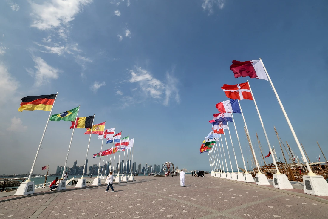 View of the 2022 FIFA Football World Cup countdown clock with a backfrop of the Qatari capital Doha's skyline. (File/AFP)