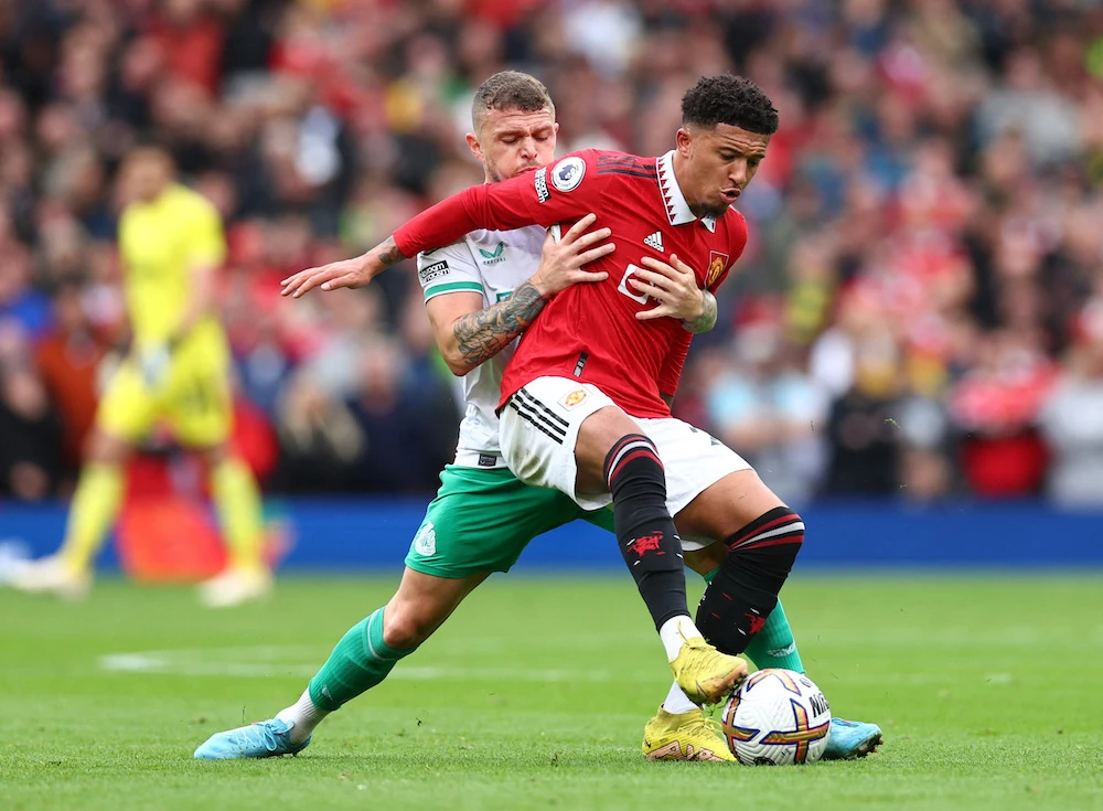 Manchester United's Jadon Sancho in action with Newcastle United's Kieran Trippier at Old Trafford. (Reuters)