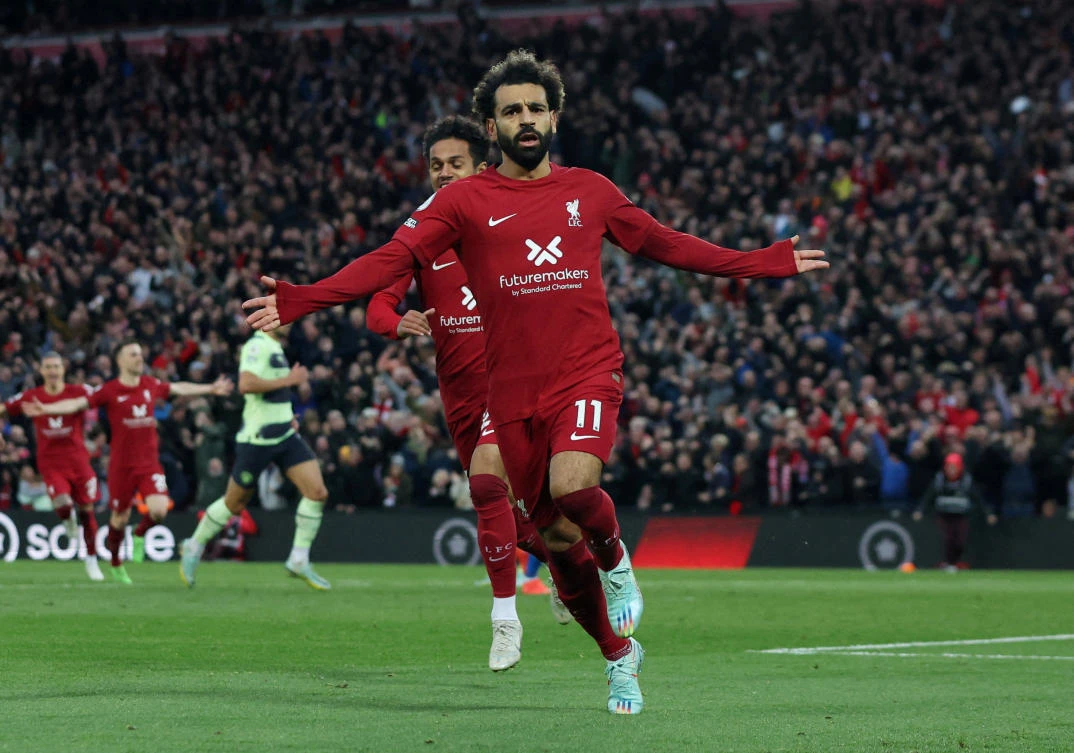 Liverpool’s Mohamed Salah celebrates after scoring the decisive goal against Manchester City, Anfield, Liverpool, Britain, Oct. 16, 2022. (Reuters)