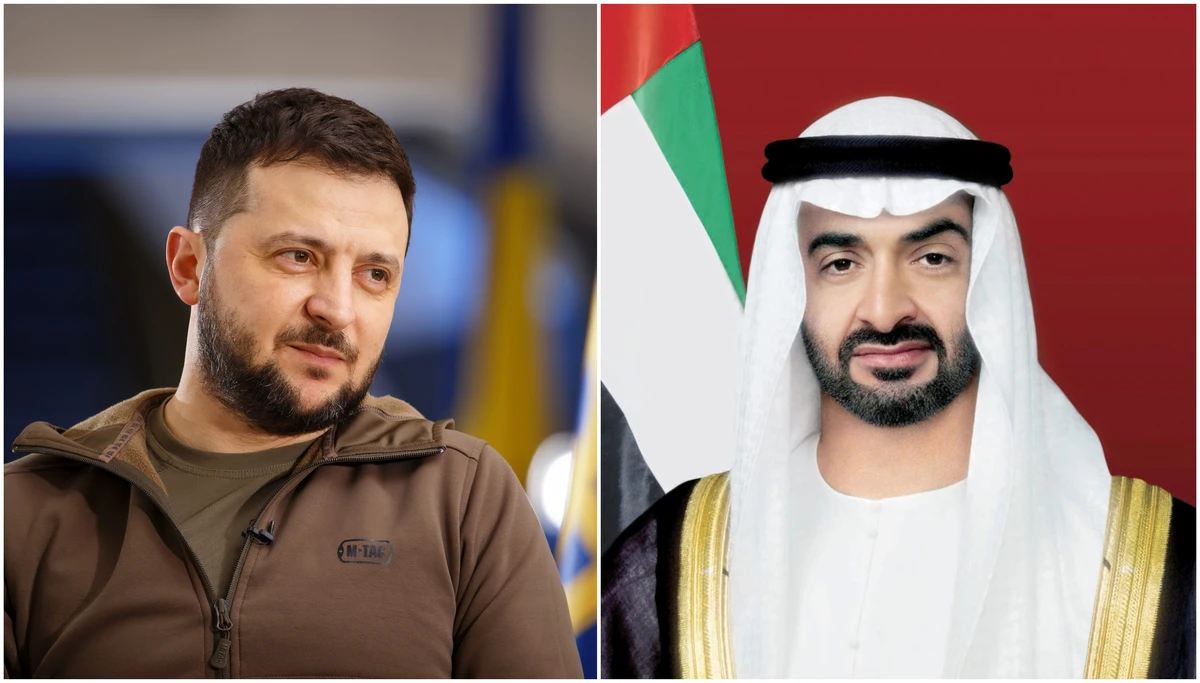 The UAE’s Sheikh Mohamed bin Zayed (L) discussed with Ukraine’s Zelenskyy (R) cooperation between the two nations in a phone call. (File/Shutterstock/WAM)