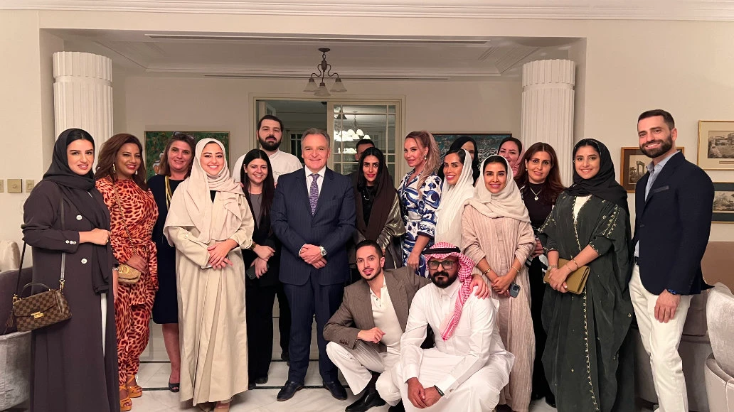 Greek Ambassador to Saudi Arabia Alexis Konstantopoulos with Saudi influencers and bloggers at a local Greek restaurant in Riyadh. (Supplied)