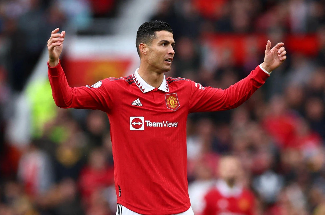 Manchester United’s Cristiano Ronaldo reacts after a goal he scored is disallowed during their Premier League match against Newcastle United at Old Trafford, Manchester on Sunday. (Reuters)
