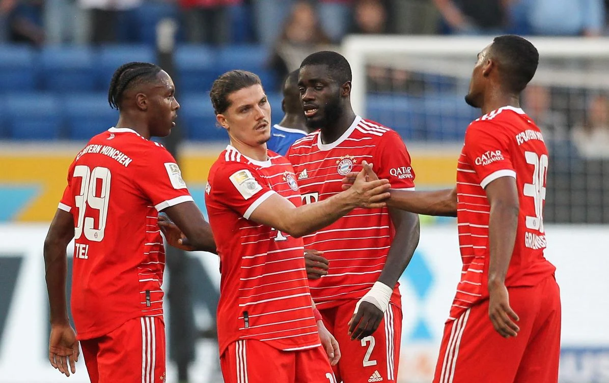 Bayern Munich’s French forward Mathys Tel, Austrian midfielder Marcel Sabitzer, French defender Dayot Upamecano and Dutch midfielder Ryan Gravenberch react during their Bundesliga match against TSG 1899 Hoffenheim in Sinsheim on Saturday. (AFP)