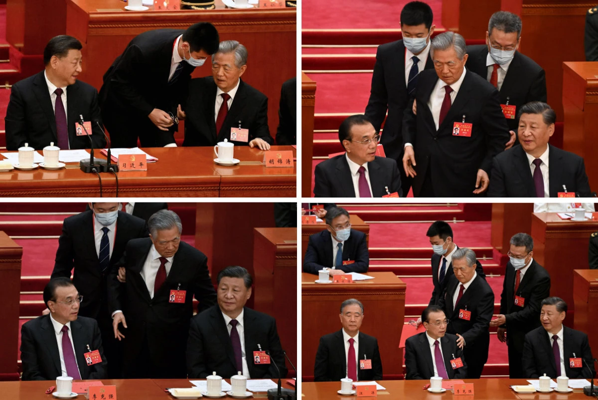 Clockwise, from top left, stewards escort China's former president Hu Jintao out of the Communist Party's Congress on Oct. 22, 2022, as President Xi Jinping (R) and Premier Li Keqiang (L) look on. (AFP)