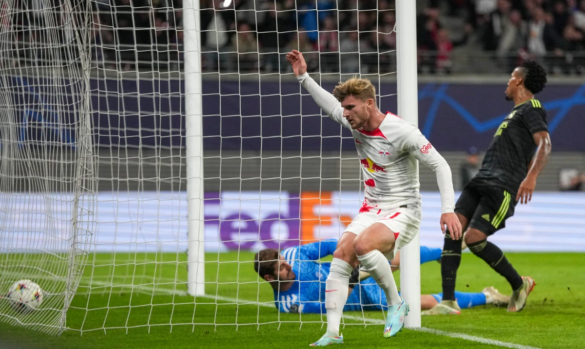 Leipzig's Timo Werner scores his side's third goal during the Group F Champions League soccer match against Real Madrid at the RB Arena in Leipzig Tuesday. (AP)