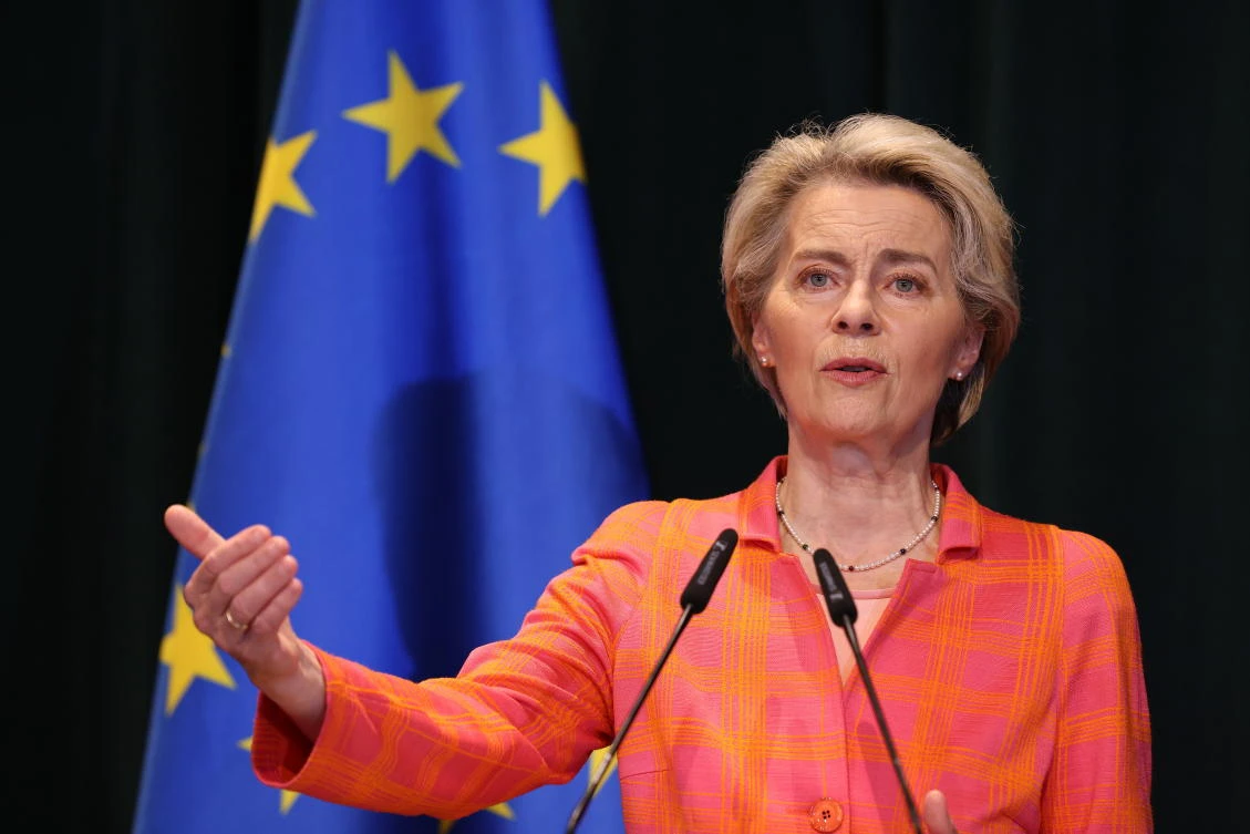 President of the European Commission Ursula von der Leyen during a press conference after meeting with Albanian Prime Minister Edi Rama in Tirana, Albania, on Thursday. (AP)