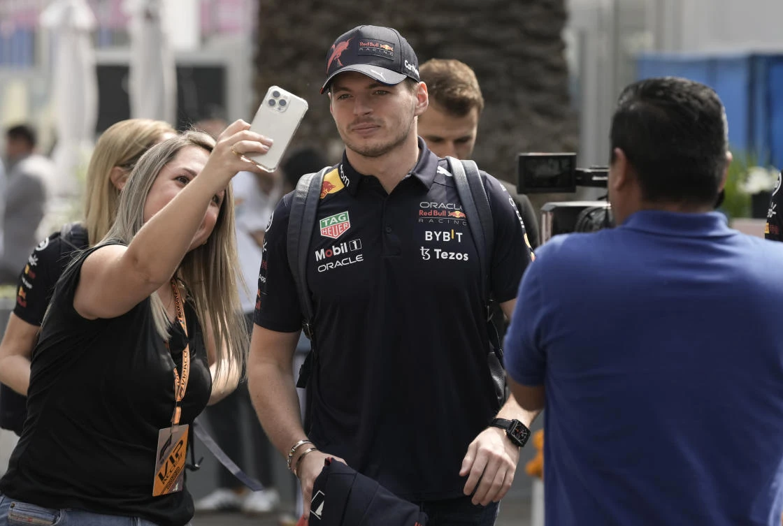 Red Bull driver Max Verstappen, of the Netherlands, poses for a photo upon his arrival for the first day of the F1 Mexico Grand Prix at the Hermanos Rodriguez racetrack in Mexico City, on Thursday. (AP)