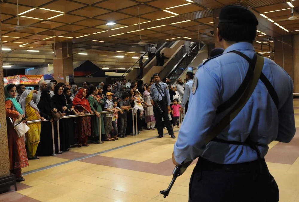 The suspects were bound for Sharjah in the UAE when they were stopped at Karachi’s Jinnah International Airport, above, on Friday. (AFP file photo)