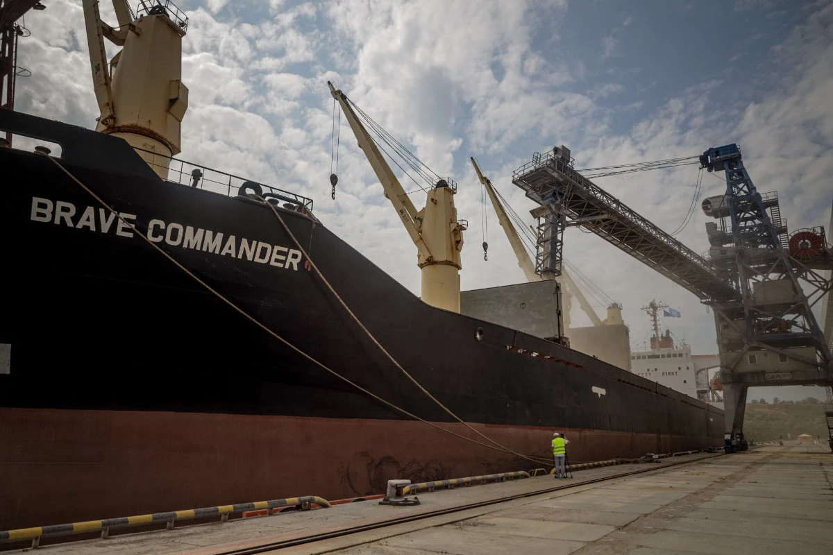 In this photo taken on August 14, 2022, a UN-chartered vessel loads more than 23,000 tons of grain in Yuzhne, east of Odessa on the Black Sea coast, for export to Africa. (AFP file)