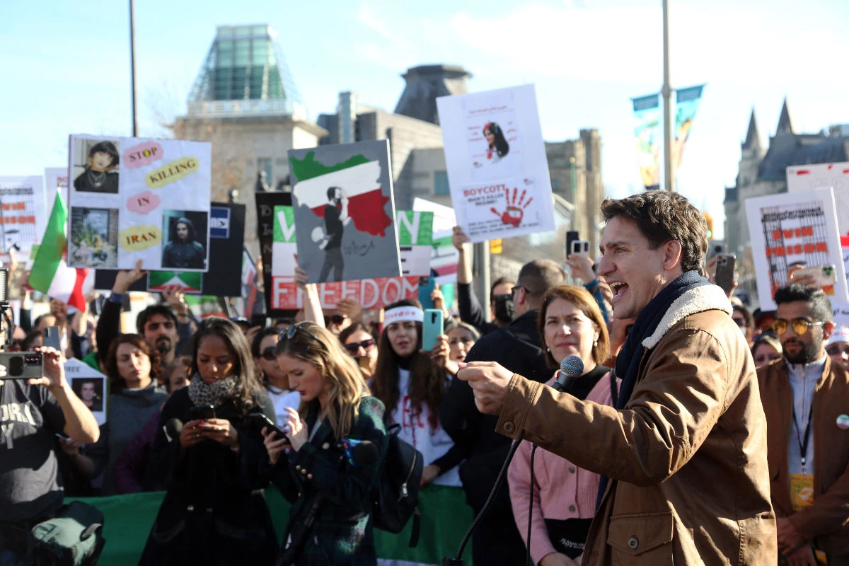Canada's Prime Minister Justin Trudeau speaks at a protest in support of freedom for women in Iran on October 29, 2022 in Ottawa, Canada. (AFP)