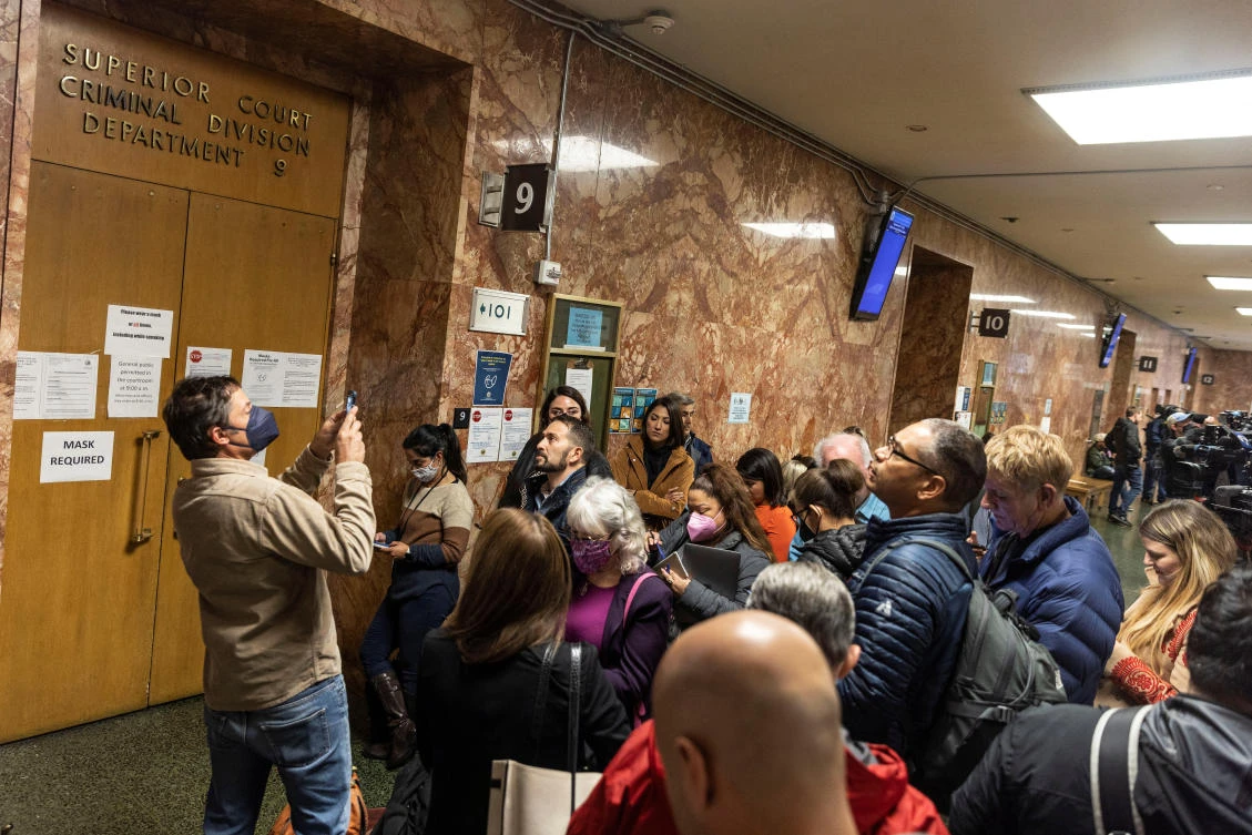 Journalists wait outside of the arraignment hearing for a man accused of attacking US House Speaker Nancy Pelosi’s husband Paul at the Criminal courts in San Francisco, California on Tuesday. (Reuters)