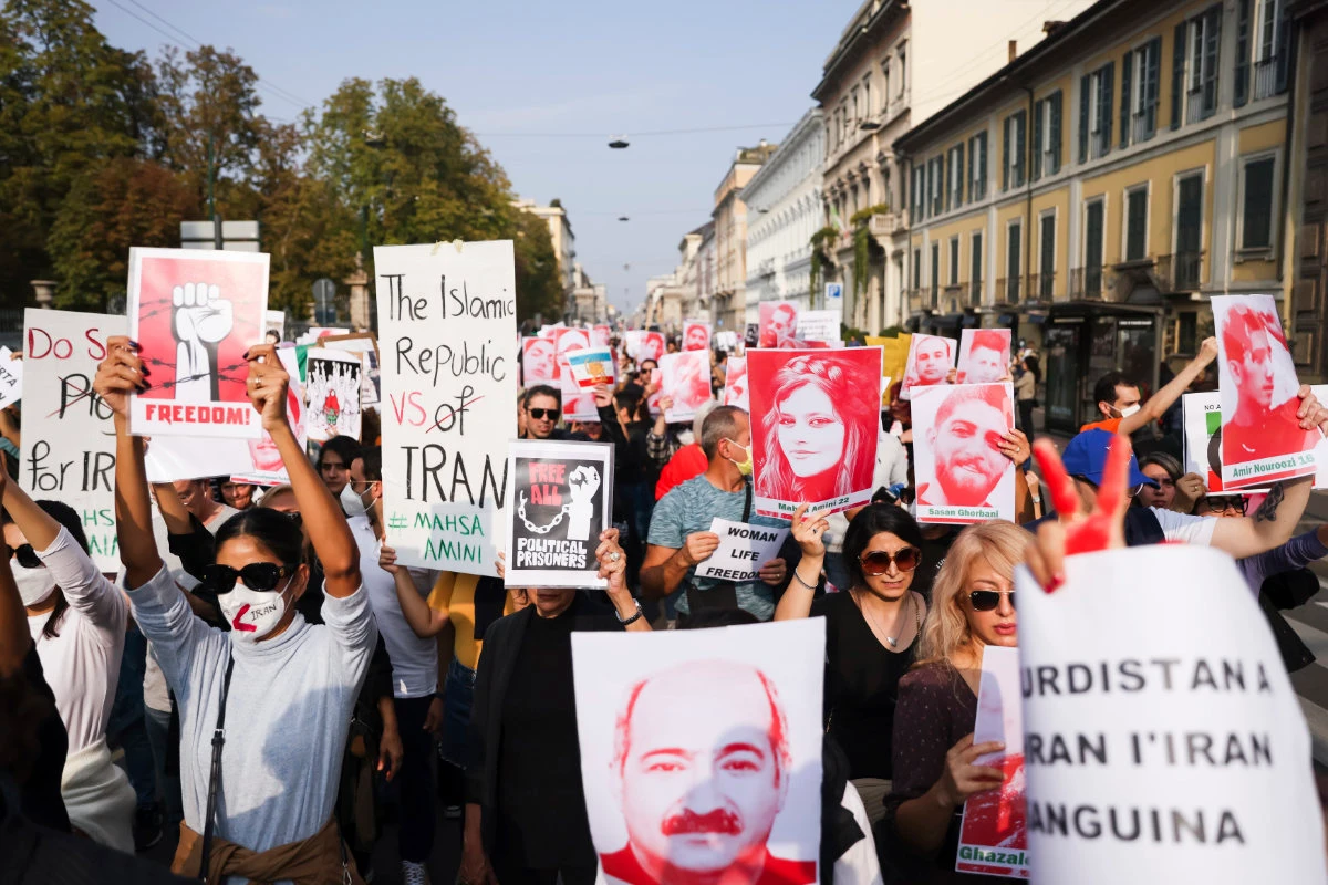 People demonstrate in Milan, Italy, on Oct. 16, 2022 in sympathy with Iranians protesting Mahsa Amini's death. (AP)
