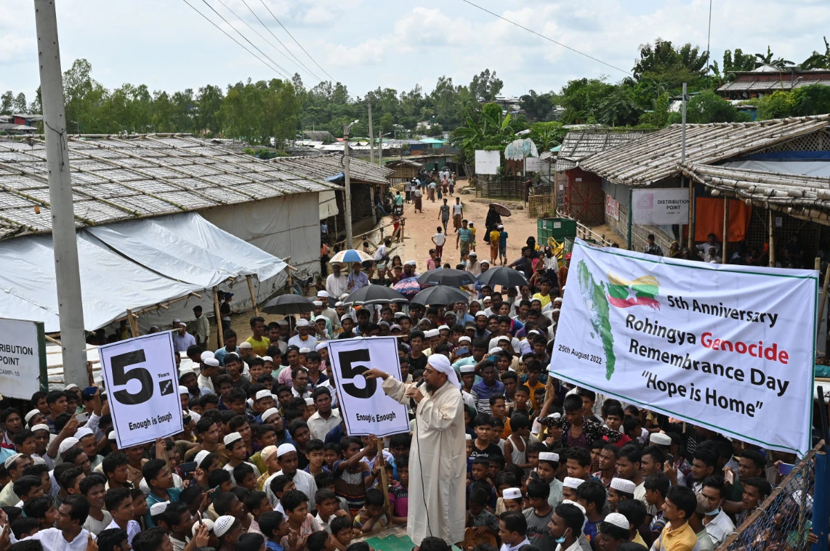 Rohingyas take part in "Genocide Remembrance Day" rally at a refugee camp in Ukhia, Bangladesh on Aug. 25, 2022. (AFP)