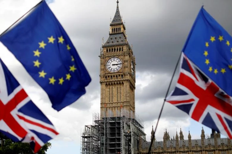 Union Flags and European Union flags fly near Big Ben, Parliament Square, London, Britain, Sept. 9, 2017. (Reuters)