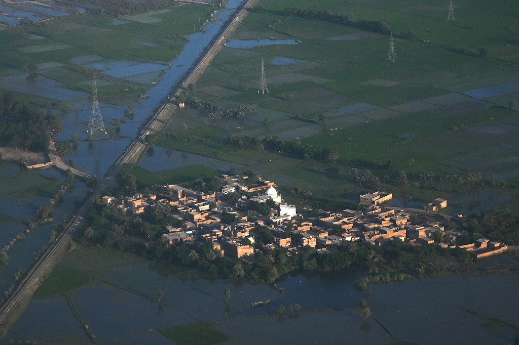 An aerial photograph of the unprecedented flooding on the outskirts of Sukkur, Sindh province, Pakistan (File/AFP)