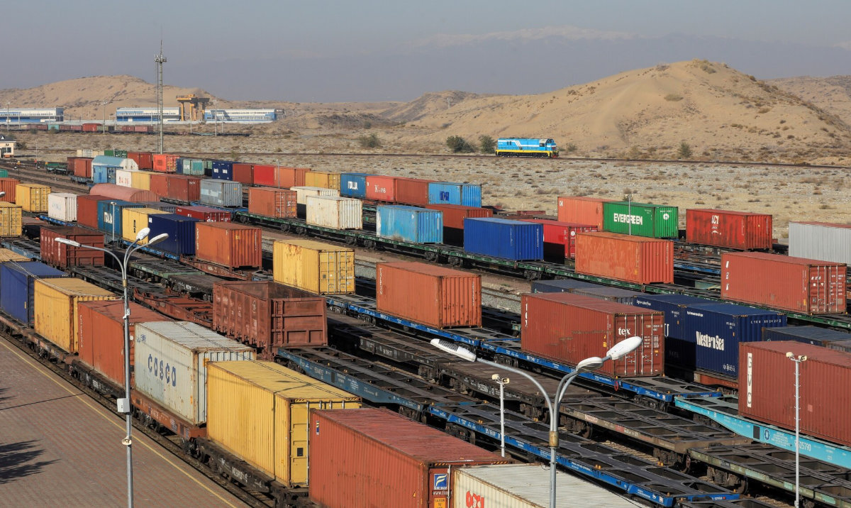 Trains loaded with containers at the Altynkol railway in Kazakhstan along its border with China, near Khorgos. (Reuters)