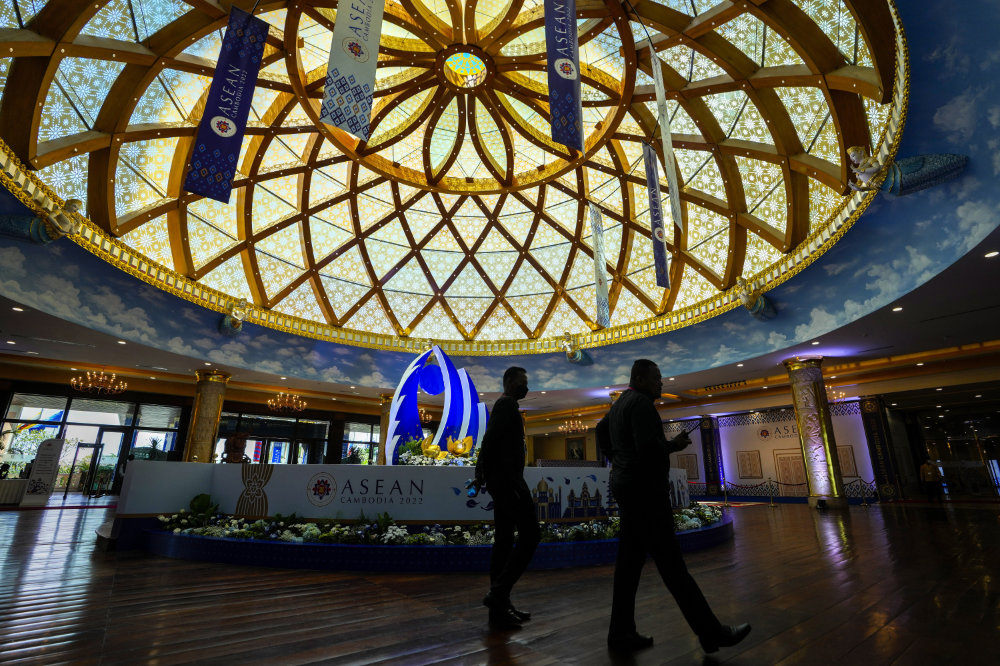 Security personnel patrol the ASEAN summit venue in Phnom Penh, Cambodia, Wednesday, Nov. 9, 2022. (AP)