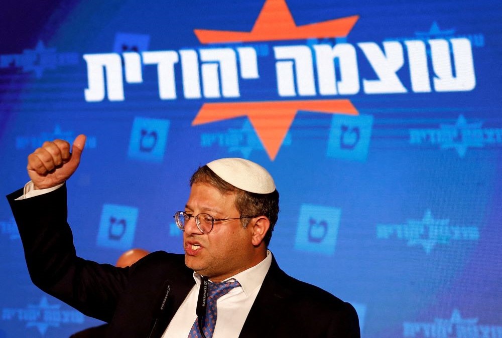 Jewish Power party leader Itamar Ben-Gvir speaks following the announcement of exit polls in Israel’s general election, at his party headquarters in Jerusalem, Nov. 2, 2022. (Reuters)