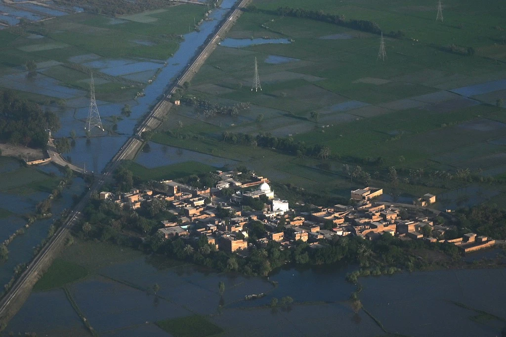 An aerial photograph of the unprecedented flooding on the outskirts of Sukkur, Sindh province, Pakistan (File/AFP)