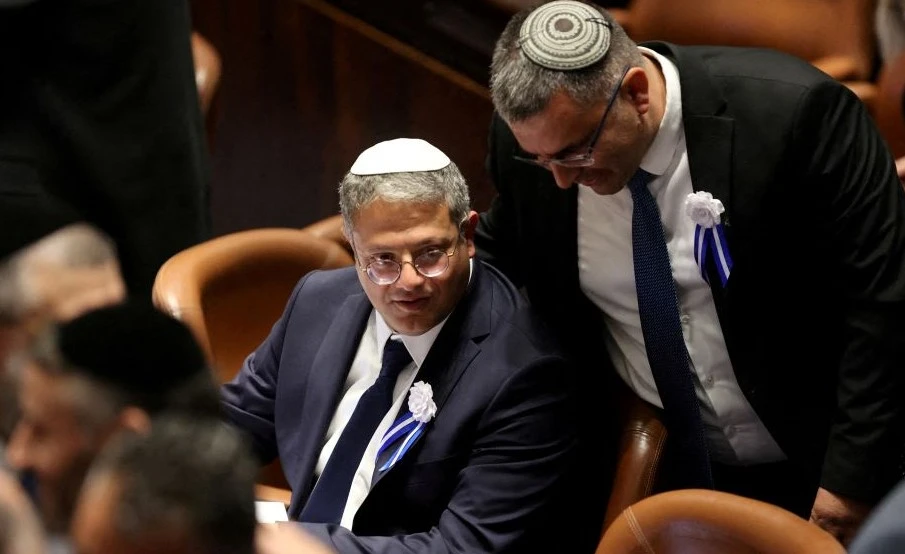 Itamar Ben-Gvir, left, and Ofir Sofer during the swearing in ceremony for the 25th Knesset, Jerusalem, Nov. 1, 2022. (Reuters)