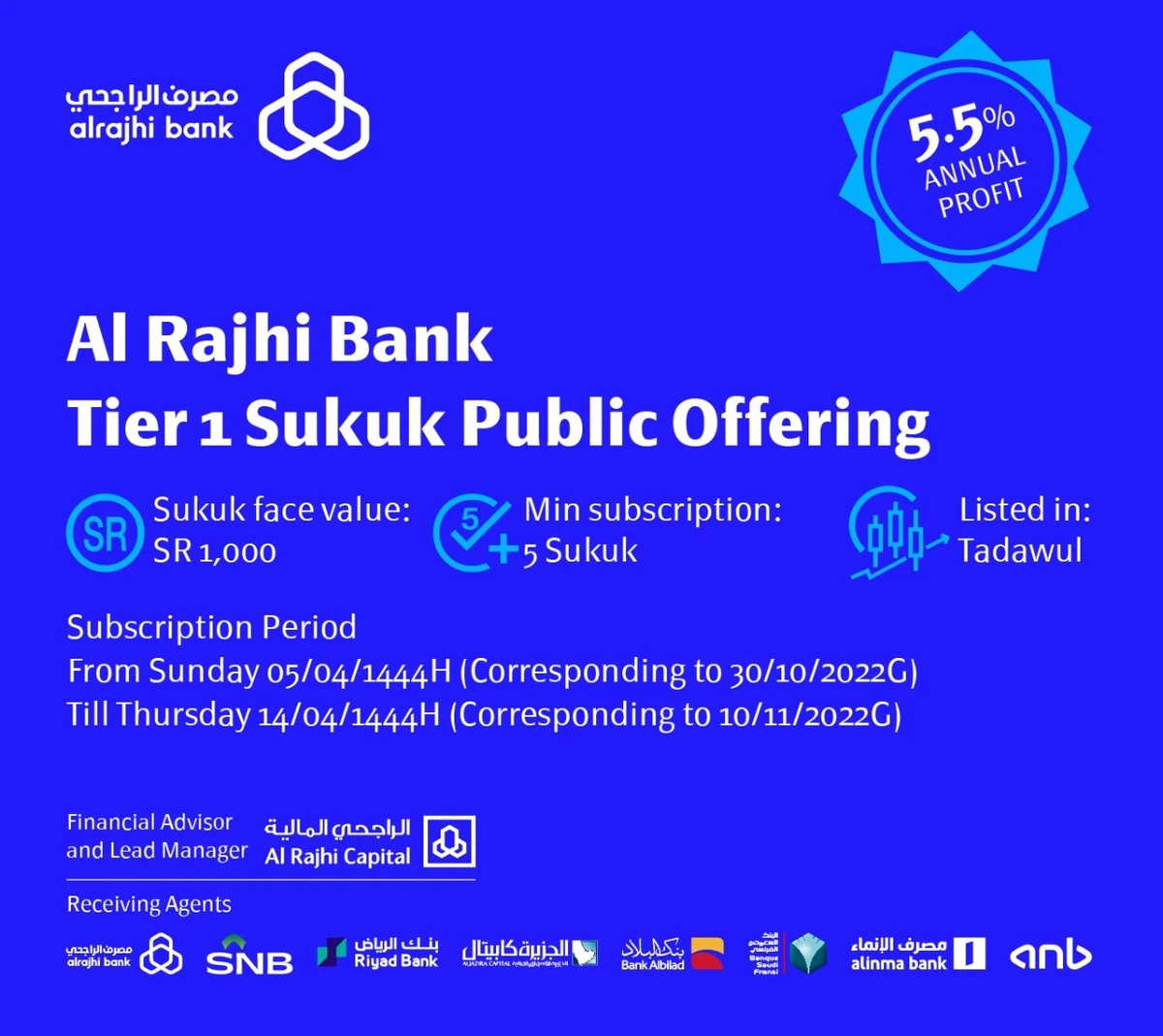 Sukuk subscriptions and offerings began on Oct.30 and will end on Nov.10.