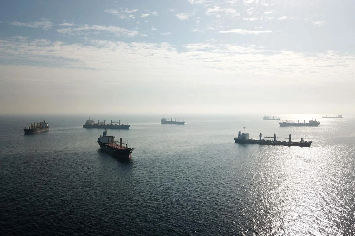 An aerial photograph taken on Monday shows cargo ships loaded with grain in the anchorage area of the southern entrance to the Bosphorus in Istanbul. (AFP)