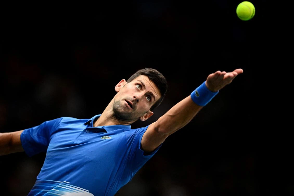 Serbia’s Novak Djokovic serves during the men’s singles match against US’ Maxime Cressy on day two of the ATP World Tour Masters 1000 — Paris Masters (Paris Bercy) — indoor tennis tournament at The AccorHotels Arena in Paris on Tuesday. (AFP)