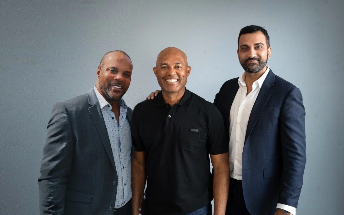 (From left) Barry Larkin, Mariano Rivera and Kash Shaikh, the new owners of Baseball United. (Baseball United)