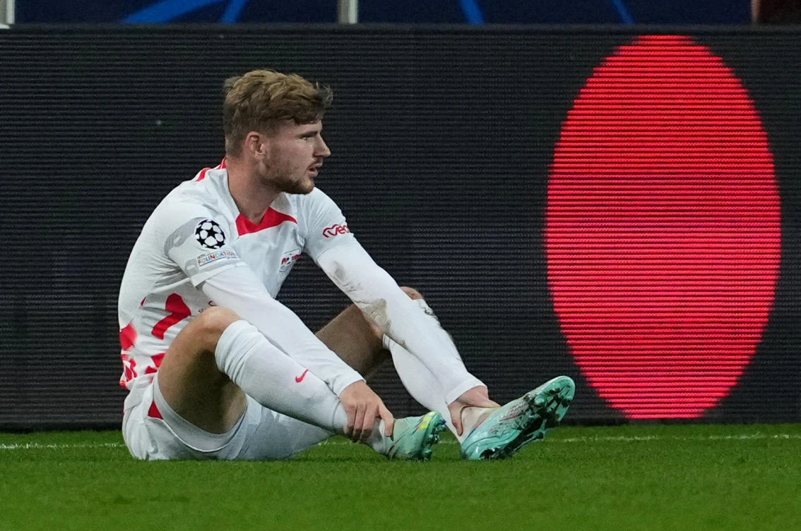 RB Leipzig’s Timo Werner down injured during their Champions League match against Shakhtar Donetsk at Stadion Wojska Polskiego, Warsaw on Wednesday. (Reuters)