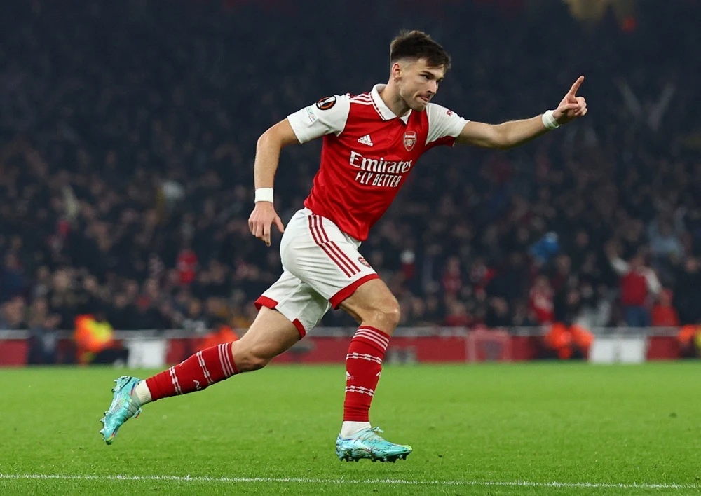 Kieran Tierney celebrating his goal for Arsenal. (Reuters)