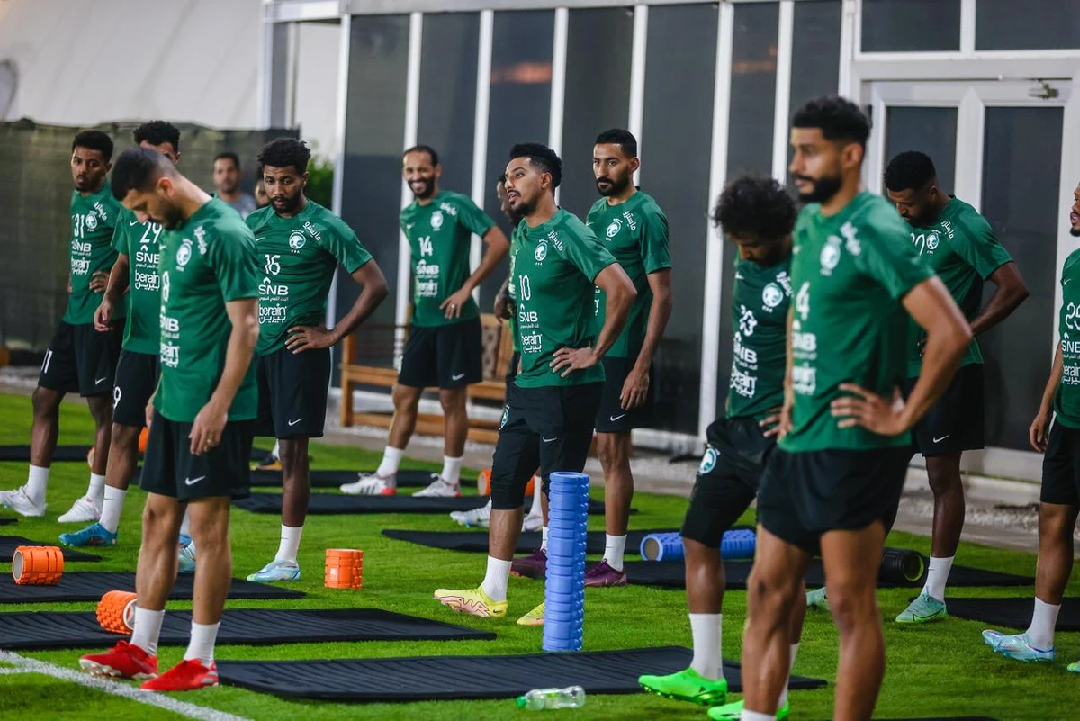 Green Falcons’ players during their training session in preparation for their 4th friendly against Iceland on Sunday at Mohammed bin Zayed Stadium in Abu Dhabi. (SAFF)
