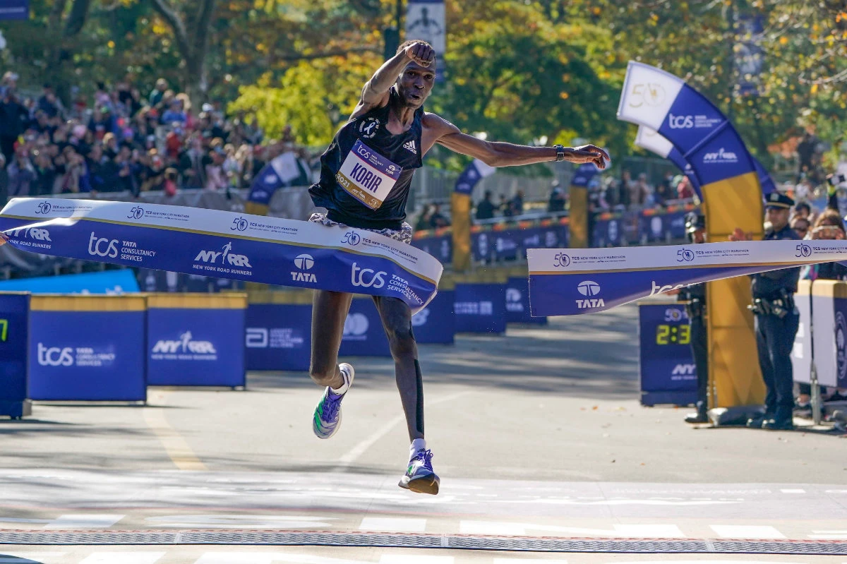 Albert Korir crosses the finish line first in the men's division of the New York City Marathon in this Nov. 7, 2021 file photo. Korir is looking to defend his New York City Marathon title. (AP file)