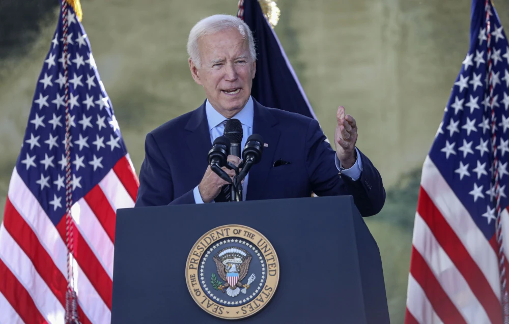 U.S. President Joe Biden speaks with dignitaries and employees at ViaSat on November 4, 2022 in Carlsbad, California. (AFP)