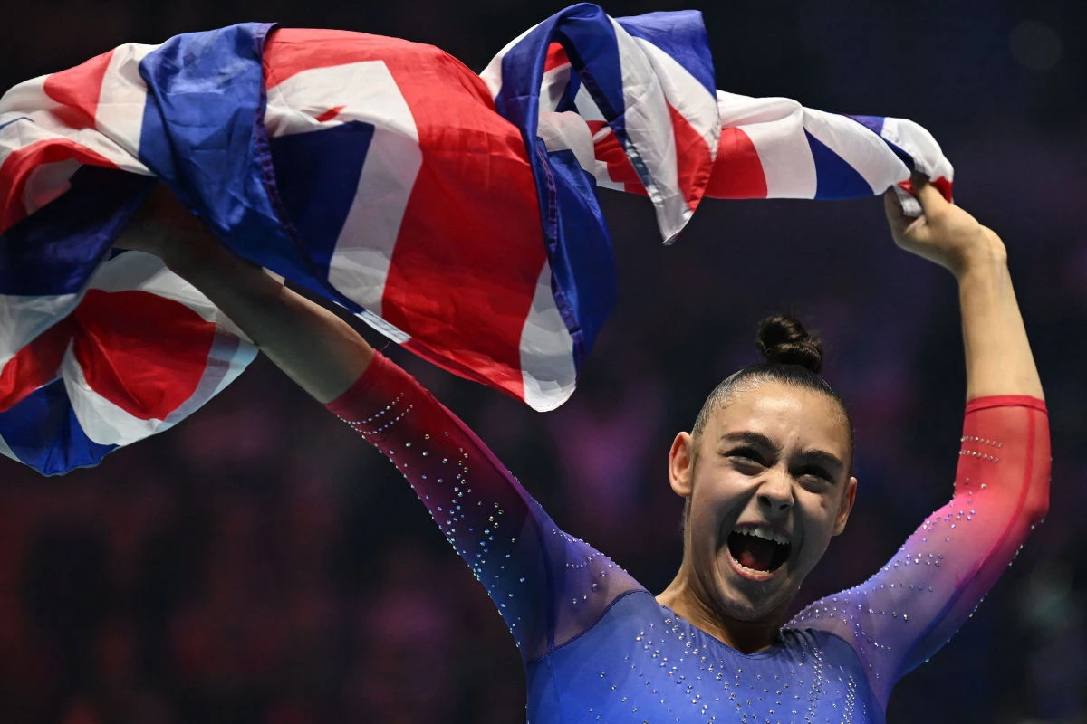 Britain's Jessica Gadirova celebrates after winning the women's floor exercise final at the World Gymnastics Championships in Liverpool, England, on Nov. 6, 2022. (AFP)