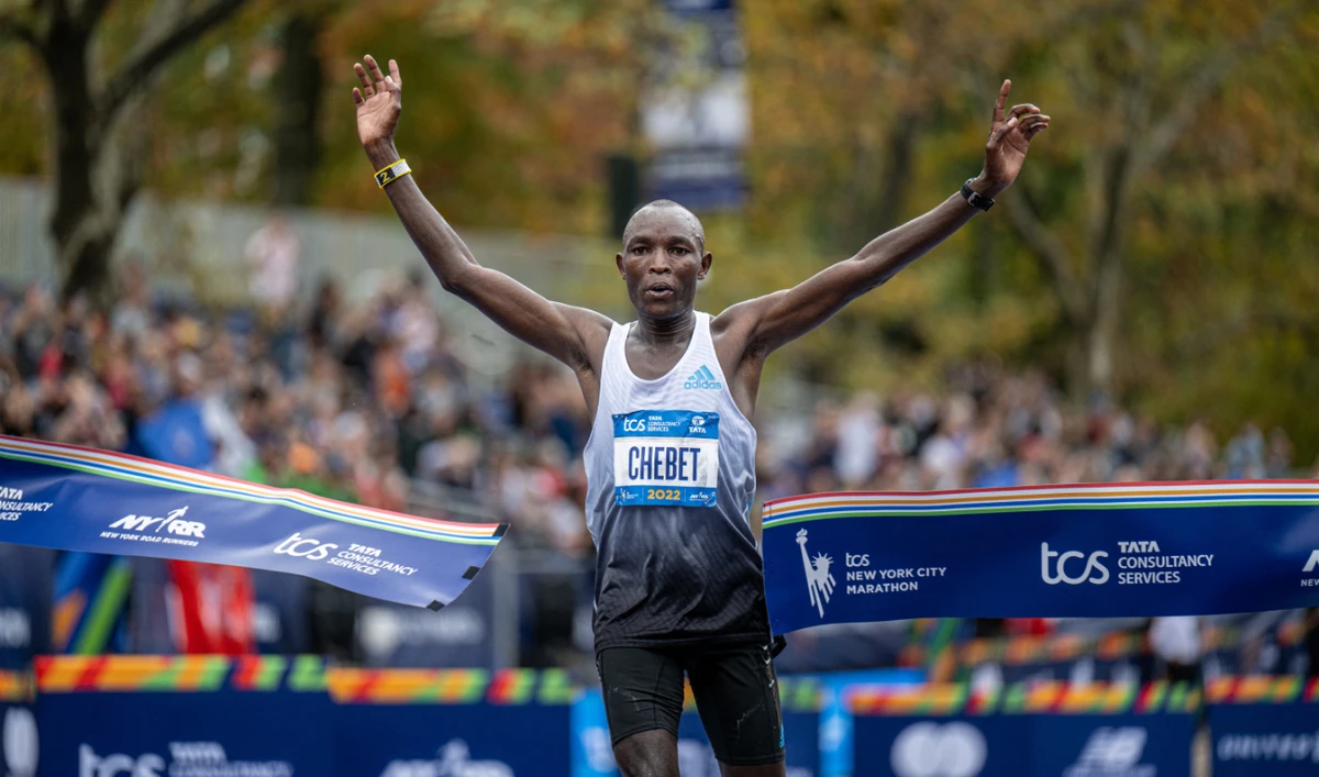 Evans Chebet finishes first in the pro men's division of the New York City Marathon on Nov 6, 2022. (USA TODAY Sports)