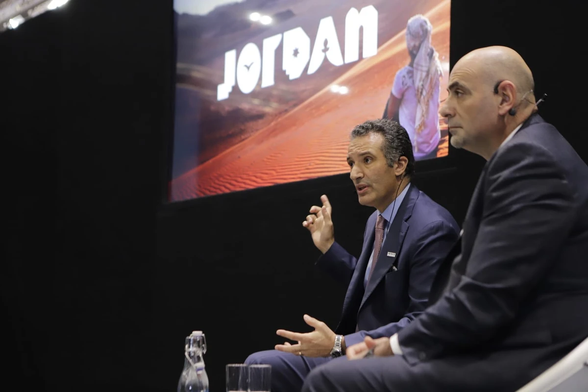 Jordanian delegation addressing the World Travel Market in London and discussing the Jordanian tourism industry’s path to recovery following the effects of COVID-19 pandemic. (Petra)