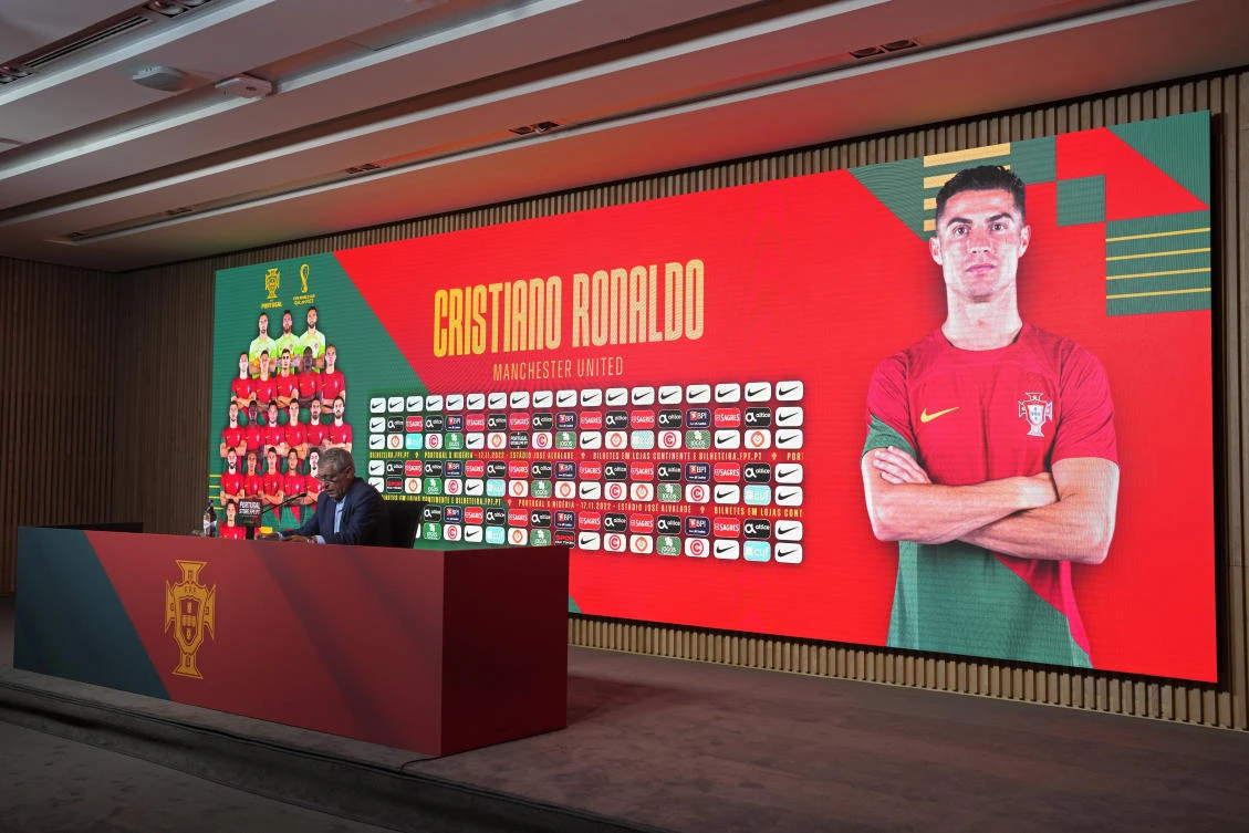 Portugal coach Fernando Santos calls the name of Cristiano Ronaldo while announcing the squad for the Qatar 2022 World Cup at the Portuguese federation headquarters in Oeiras, outside Lisbon, on Thursday. (AP)
