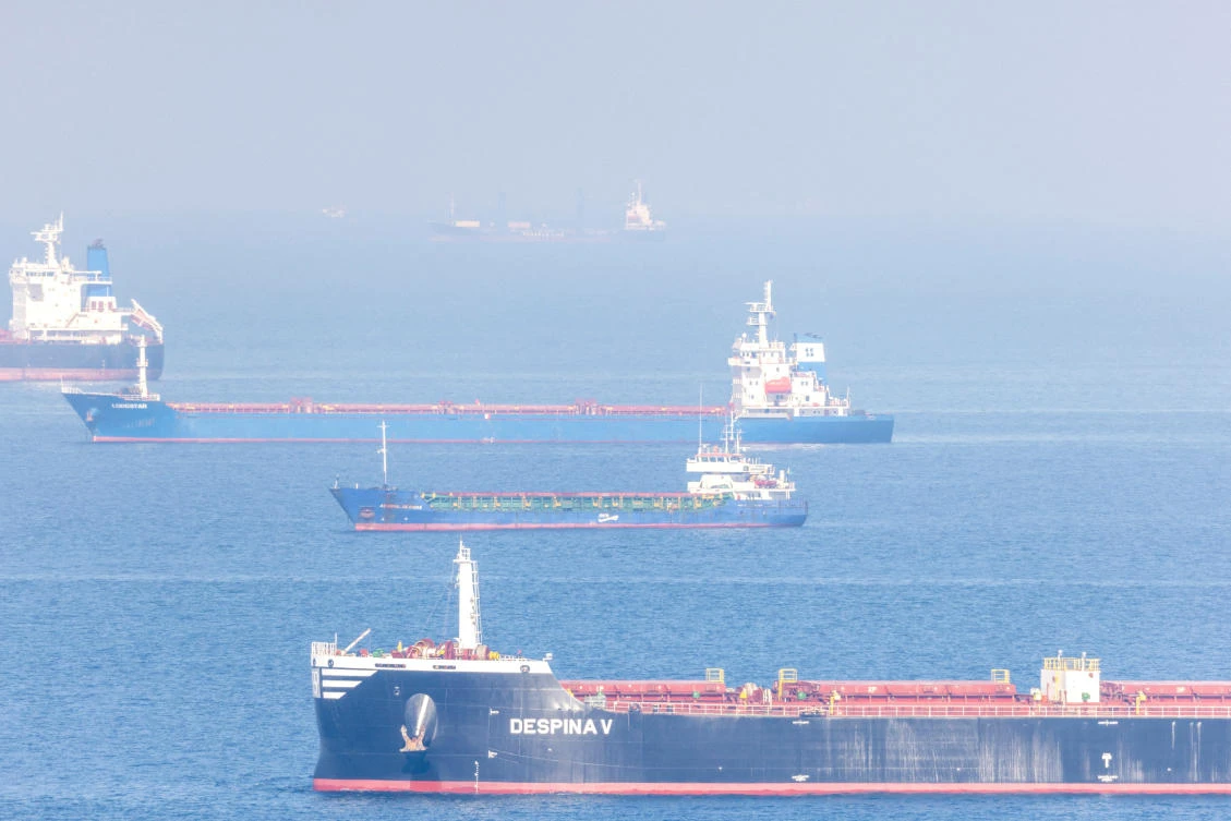 Above, the cargo ship Despina V, carrying Ukrainian grain, while on transit at the Black Sea off Kilyos near Istanbul, Turkey on Nov. 2, 2022. (Reuters)